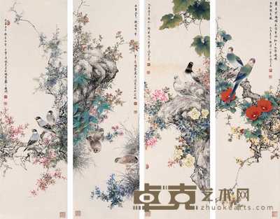 刘鸿尧 2005年作 花鸟 四屏 98×29.5cm×4